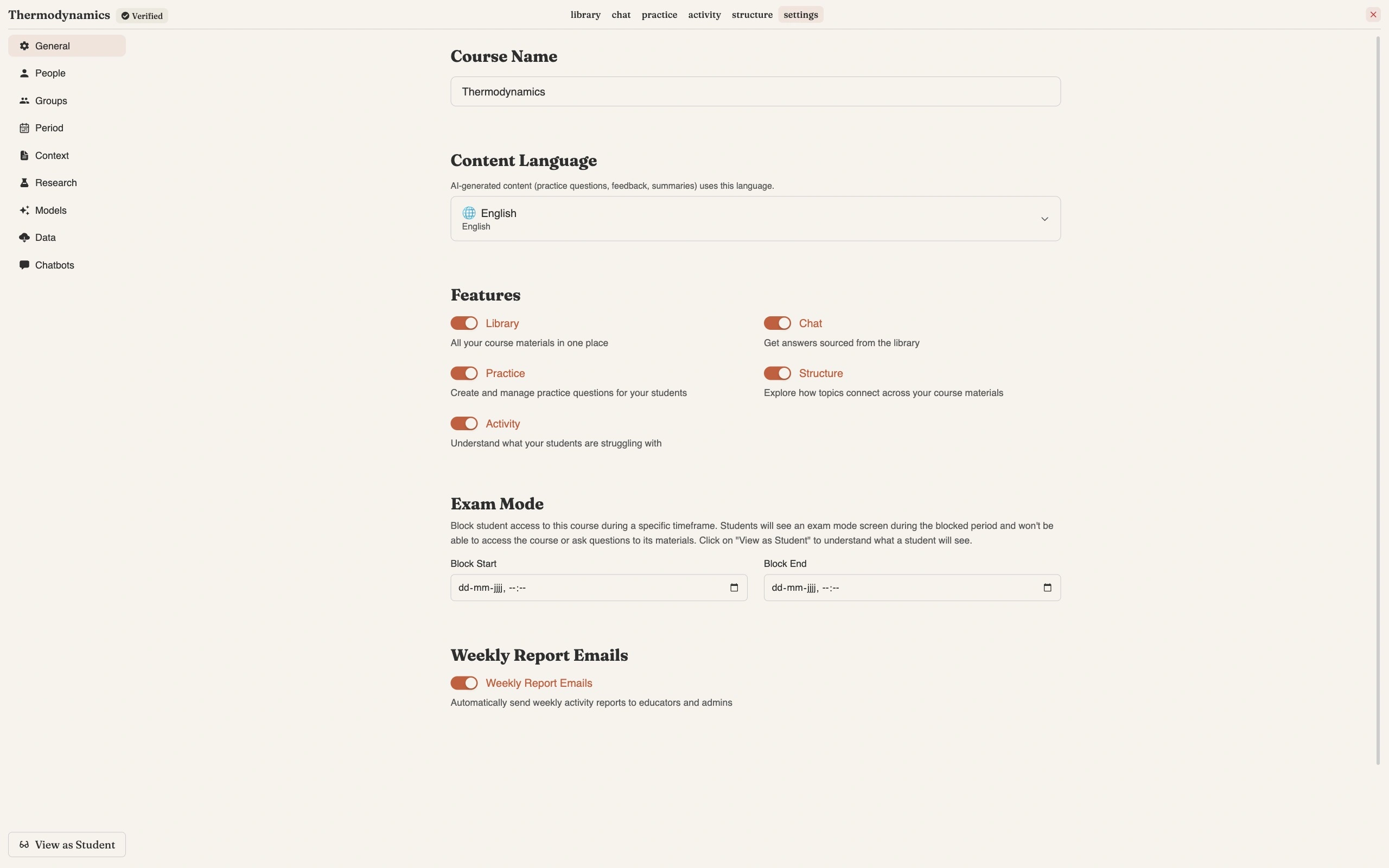 Course settings, General tab, showing Course Name, Content Language, feature toggles for Library, Chat, Practice, Structure and Activity, and the Exam Mode date fields