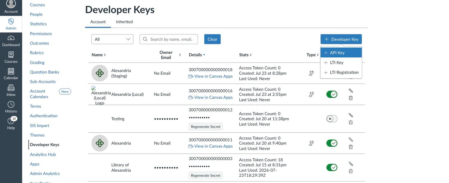 The Canvas Developer Keys page for an account, with the + Developer Key button clicked open to show its three options: + API Key, + LTI Key and + LTI Registration