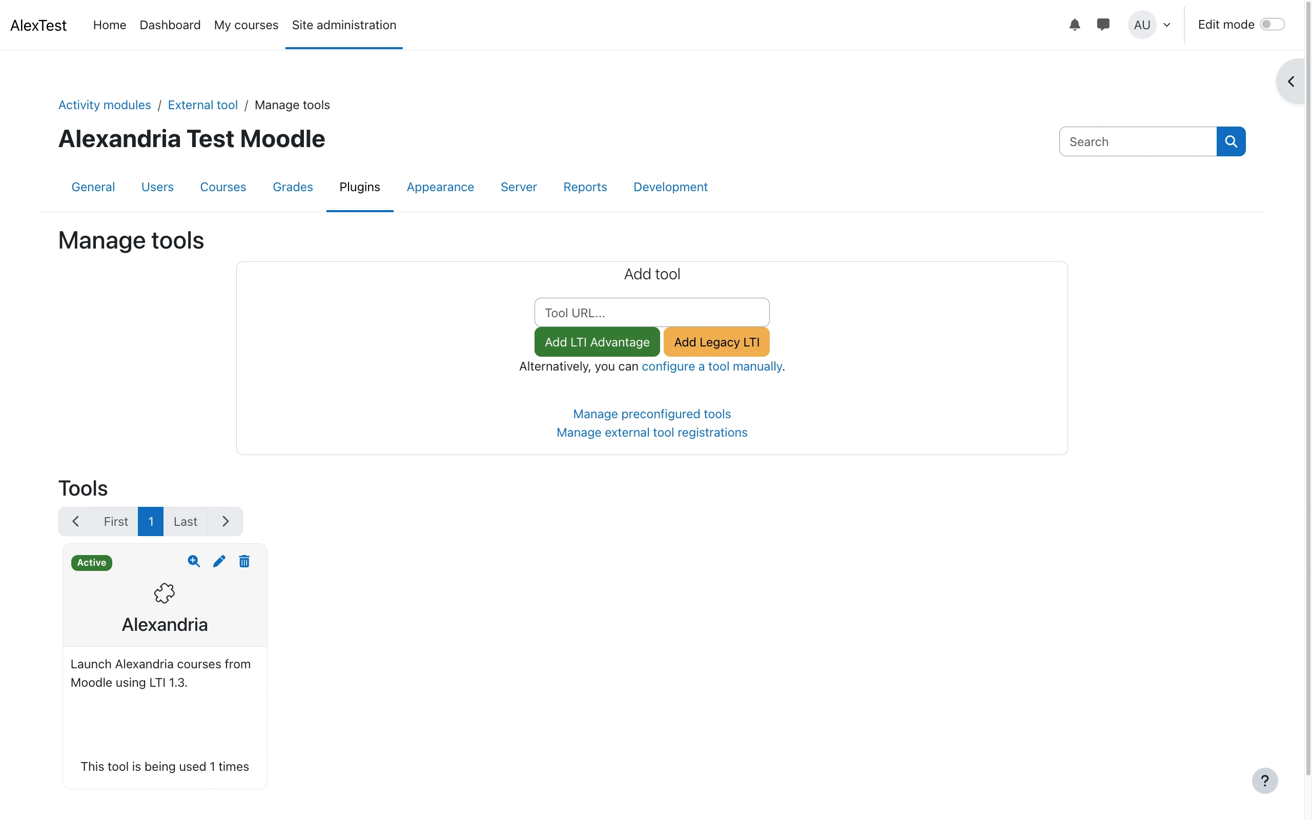 Moodle's Manage tools page with the Add tool box containing a Tool URL field and the Add LTI Advantage and Add Legacy LTI buttons, and below it a tool card named Alexandria marked Active