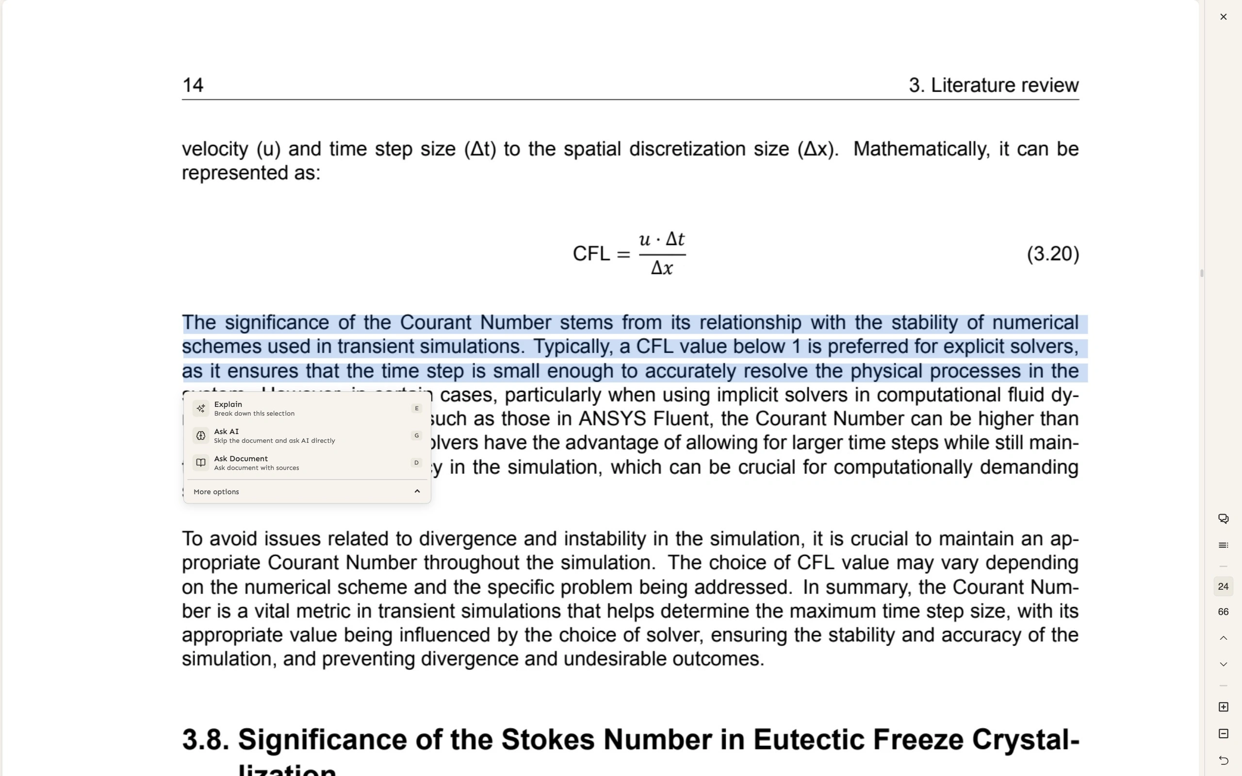 A paragraph of a thesis selected in the reader, with the selection menu open showing Explain with the shortcut E, Ask AI with the shortcut G, Ask Document with the shortcut D, and a collapsed More options row