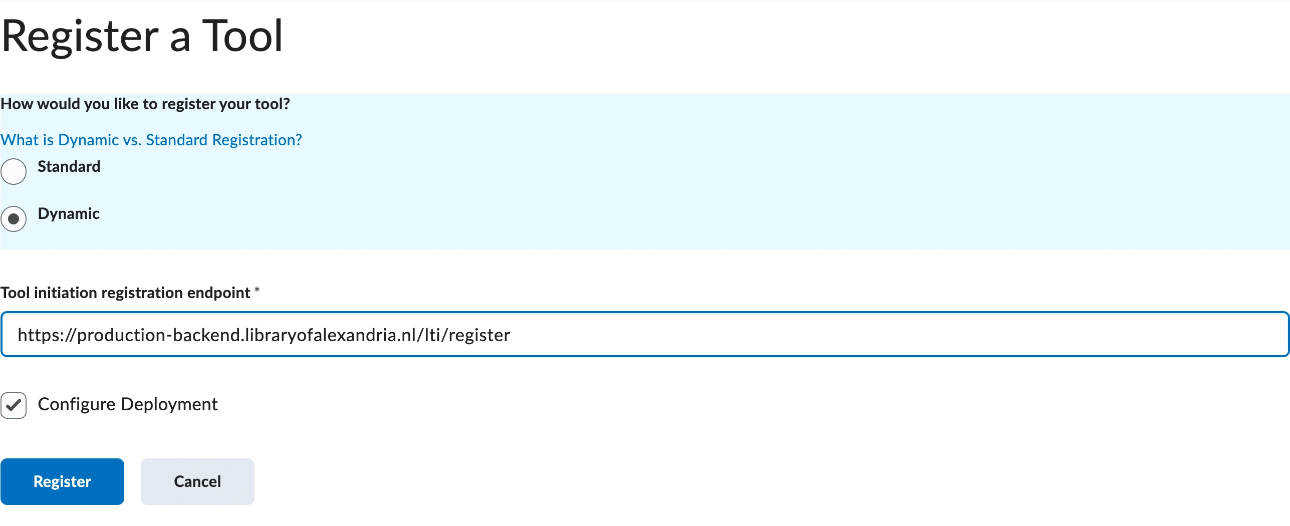 The Register a Tool screen in Brightspace with Dynamic selected, the Alexandria registration URL pasted into the Tool initiation registration endpoint field, and Configure Deployment ticked