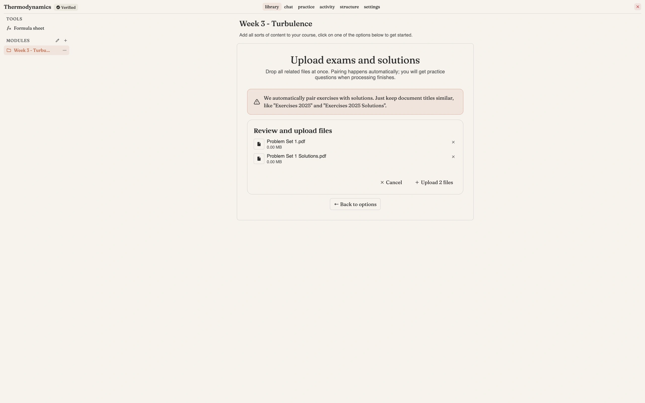 The Upload exams and solutions panel in a course folder, warning that exercises are paired with solutions automatically when document titles are kept similar, above a review list containing Problem Set 1.pdf and Problem Set 1 Solutions.pdf