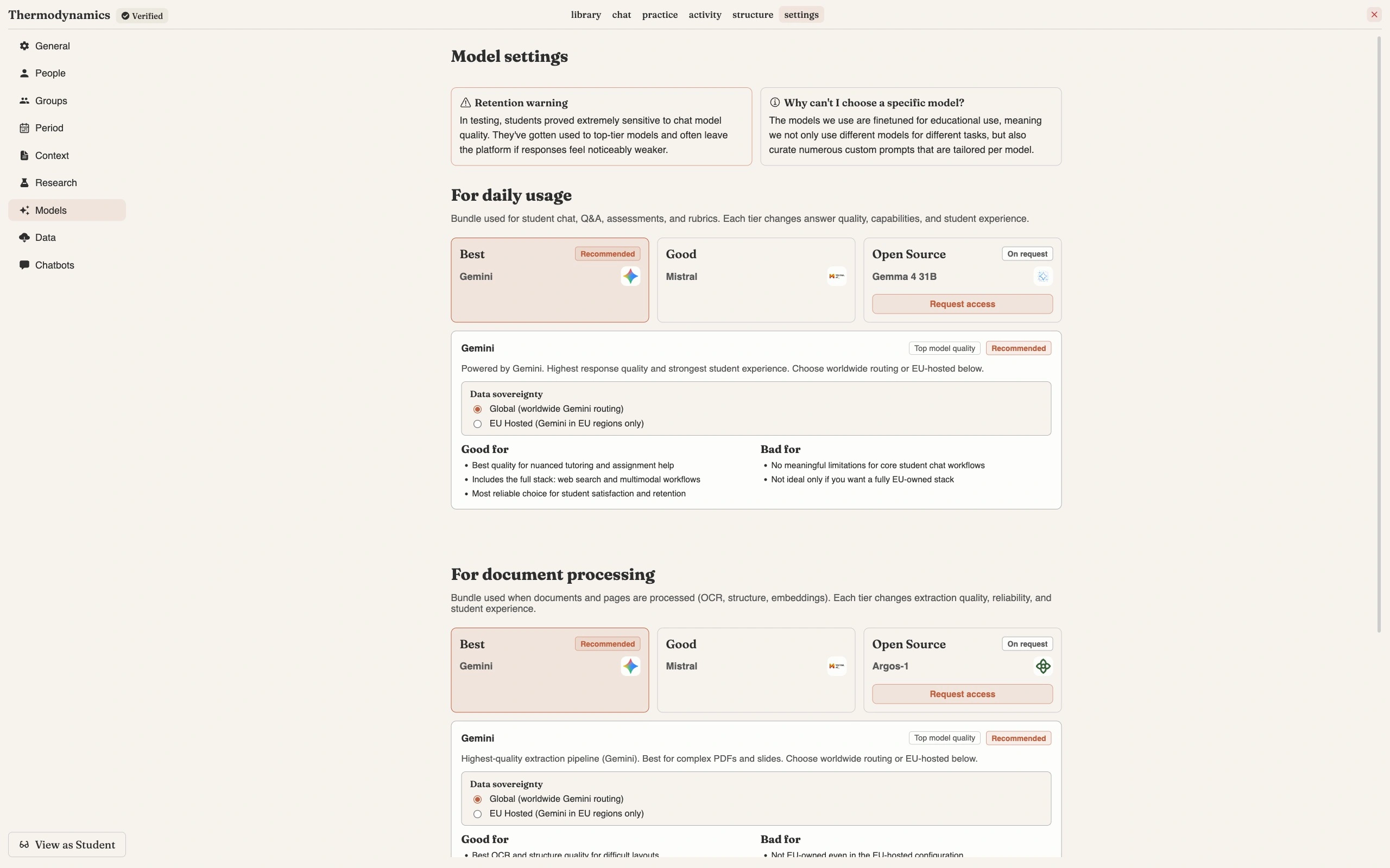 Model settings showing Best (Gemini, recommended), Good (Mistral) and Open Source (Gemma) tiers, a Data sovereignty choice between Global worldwide routing and EU Hosted, and a good-for/bad-for comparison