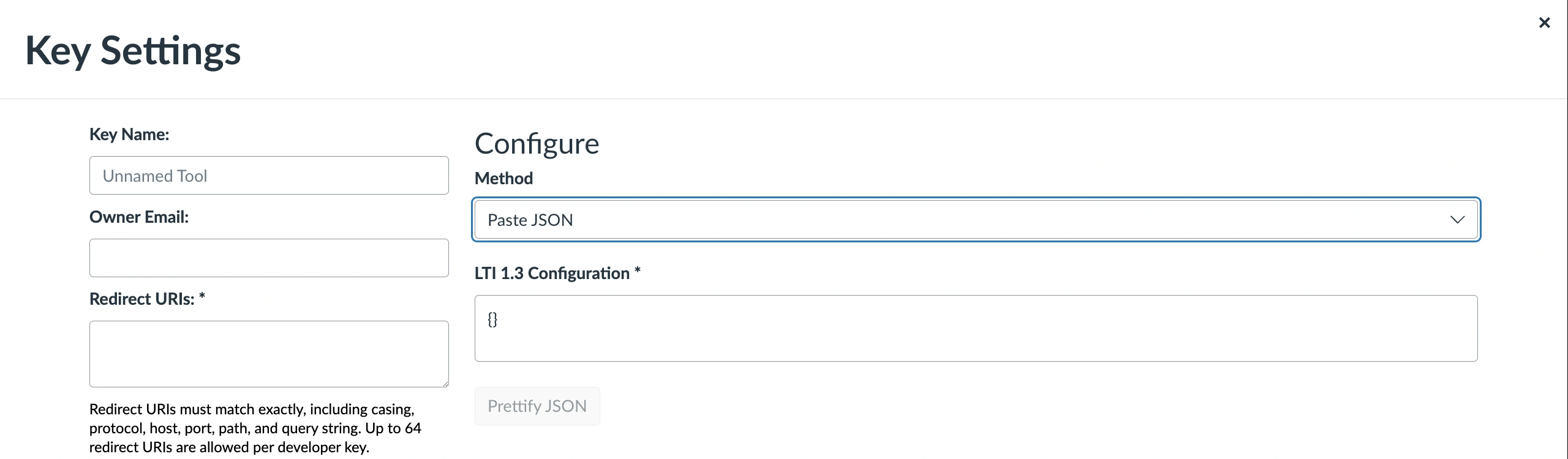 The Canvas Key Settings screen for a new LTI key, with Method set to Paste JSON and an empty LTI 1.3 Configuration text box next to the Key Name, Owner Email and Redirect URIs fields