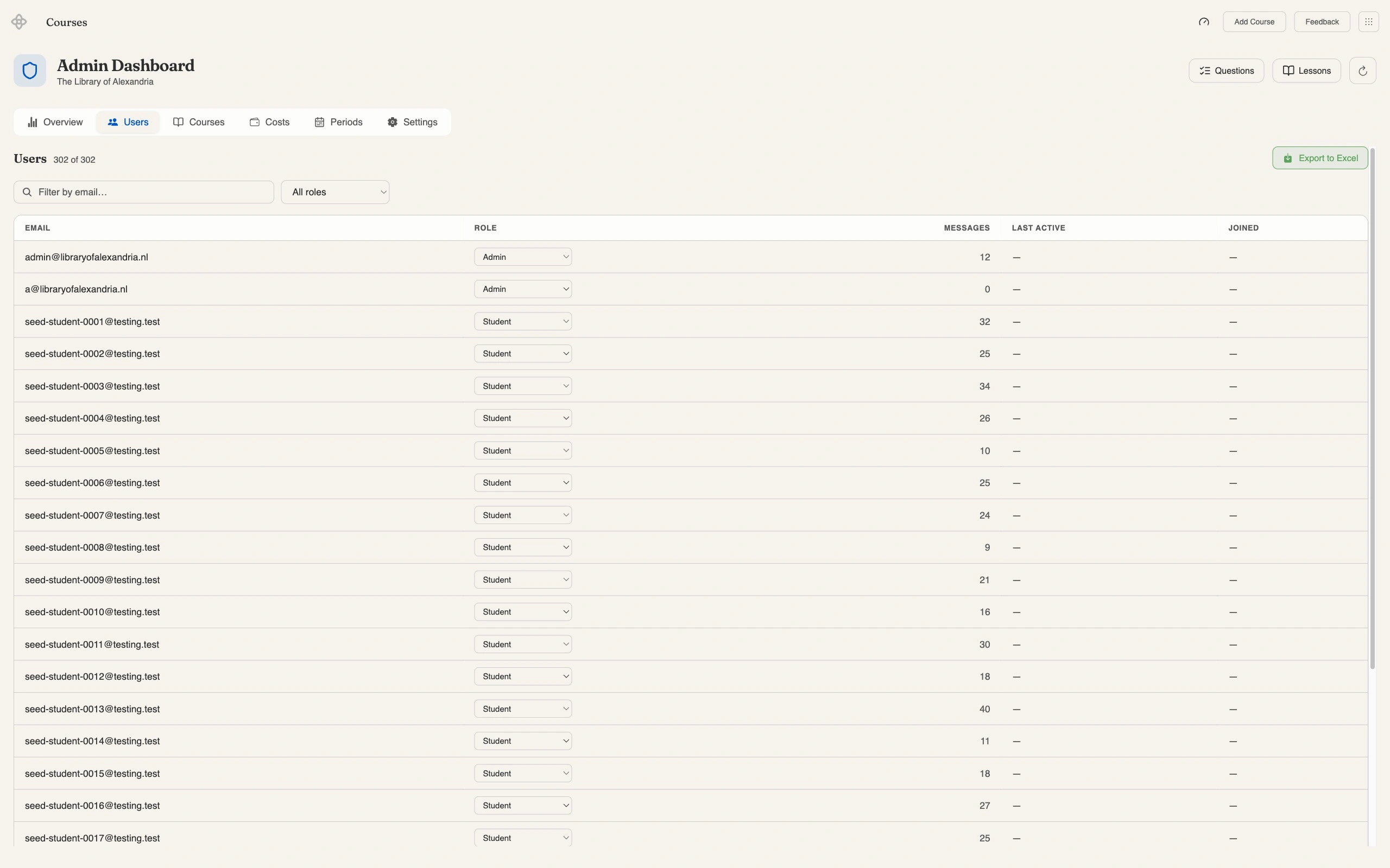 Admin dashboard Users tab listing 302 of 302 users, each row showing an email address, an inline role dropdown set to Admin or Student, a messages count, and last active and joined columns, with an email search box and an All roles filter above the table