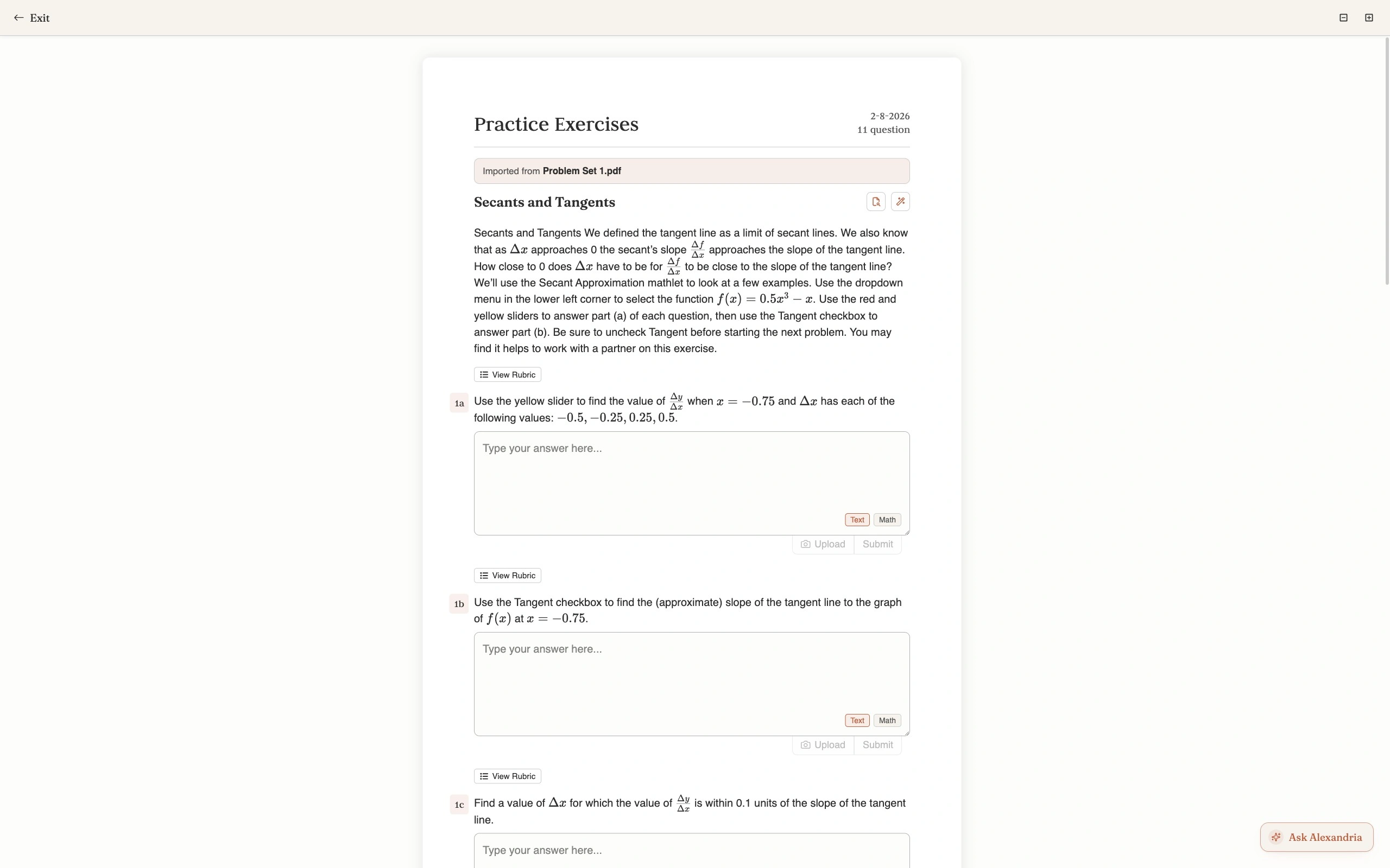 A practice session showing the exercise Secants and Tangents with an Imported from Problem Set 1.pdf banner above the title, the exercise context, and sub-questions labelled 1a and 1b each with an answer box