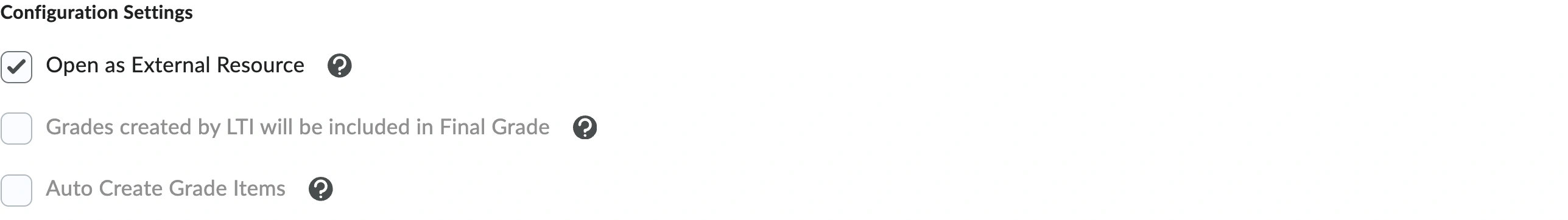 The Configuration Settings section of a Brightspace deployment, with the Open as External Resource checkbox ticked
