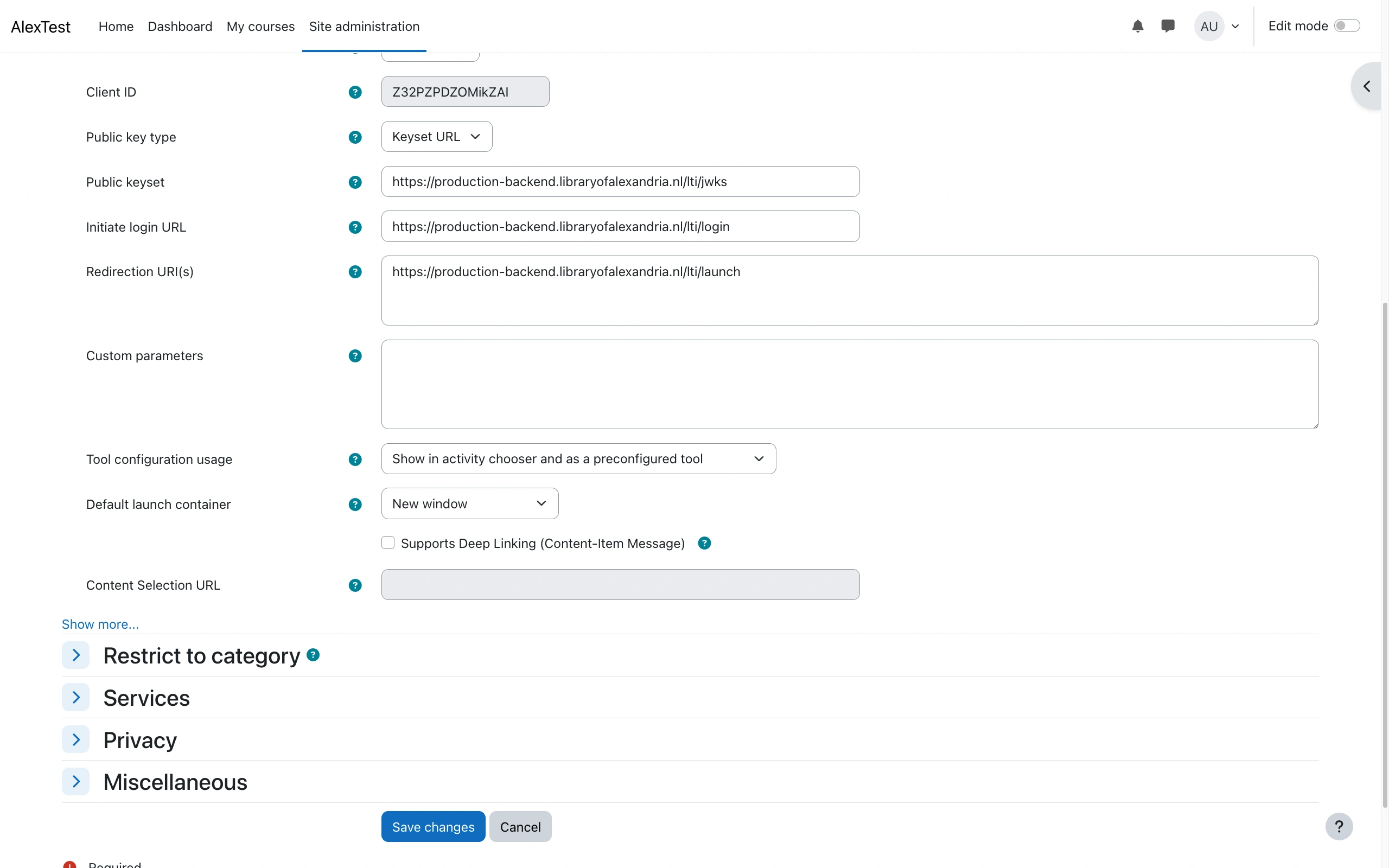 The External tool configuration page for the Alexandria tool in Moodle, showing the Alexandria public keyset, initiate login and redirection URLs, Tool configuration usage set to Show in activity chooser and as a preconfigured tool, and Default launch container set to New window