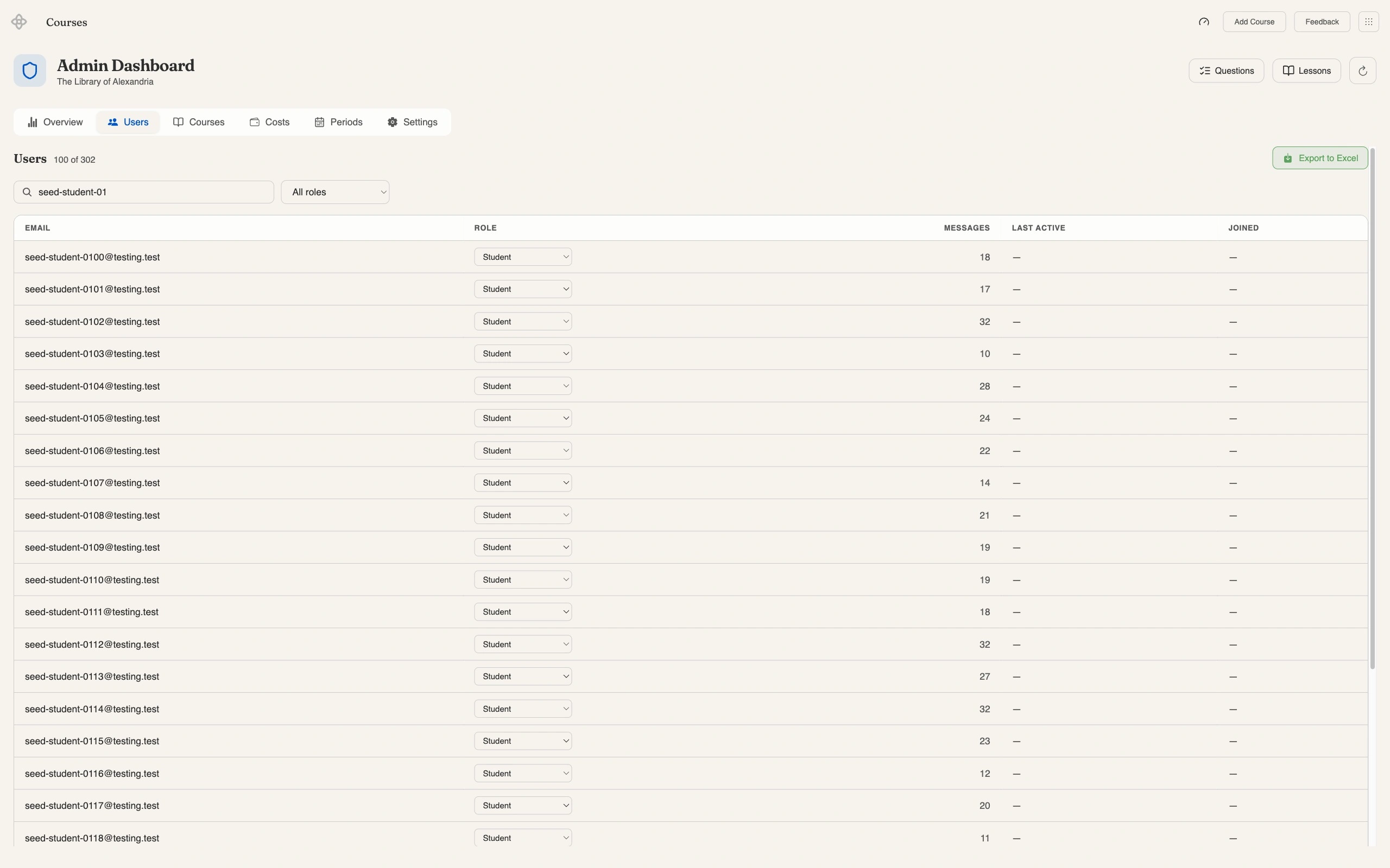 Admin dashboard Users tab with the email search narrowed to seed-student-01, the heading count reading 100 of 302, and the green Export to Excel button at the top right of the list