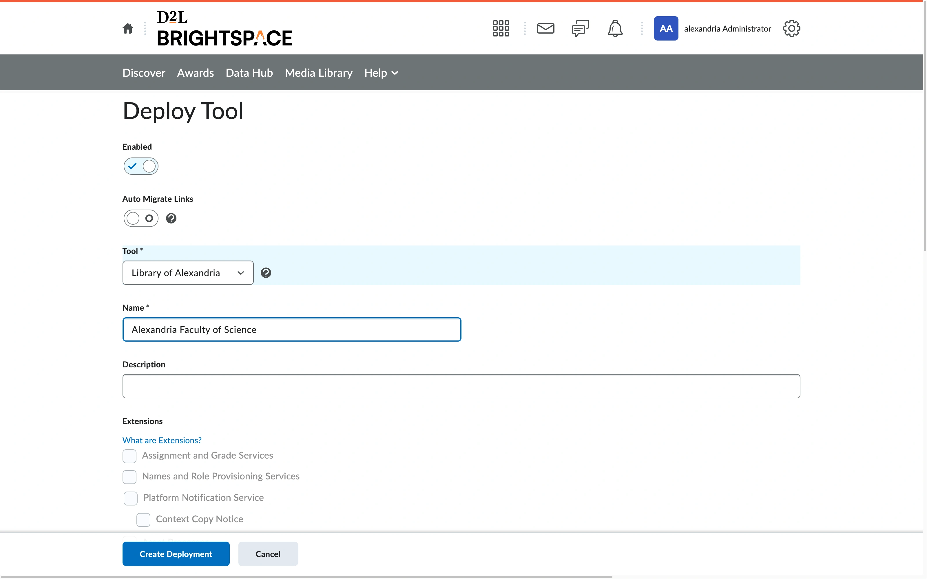 The Deploy Tool page in Brightspace with the Enabled toggle on, Auto Migrate Links off, the Tool dropdown set to Library of Alexandria, a deployment name typed in, and every Extensions checkbox left unticked