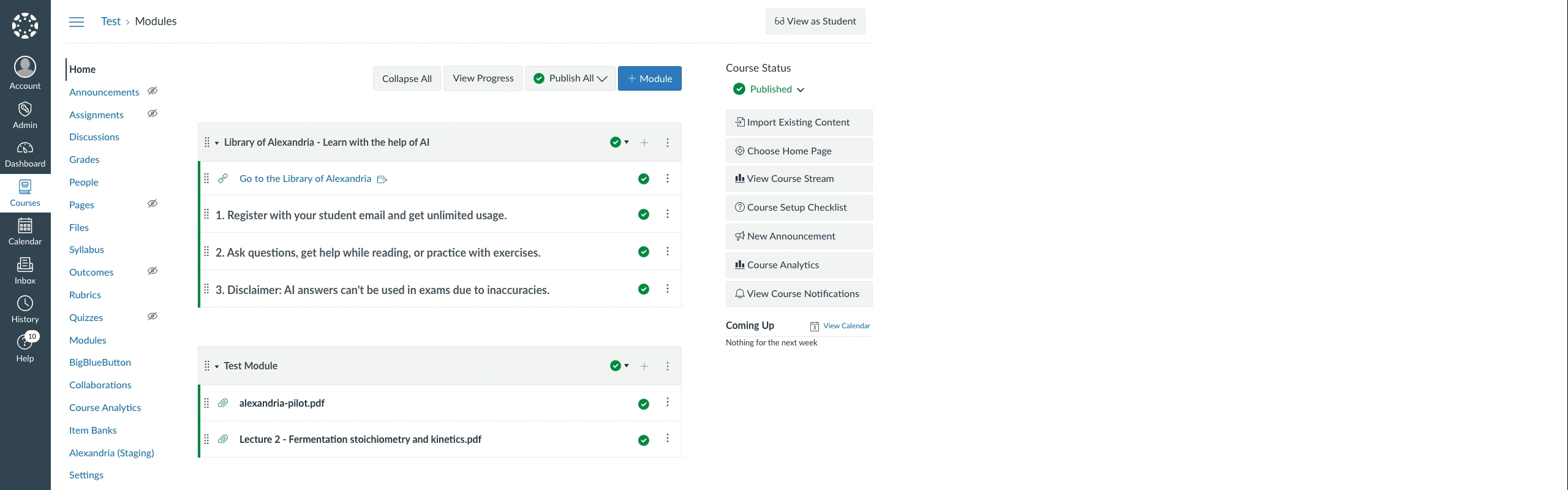 A Canvas course home page showing the modules list, with a Library of Alexandria module holding a Go to the Library of Alexandria link, and Alexandria (Staging) sitting in the left-hand course navigation menu between Item Banks and Settings