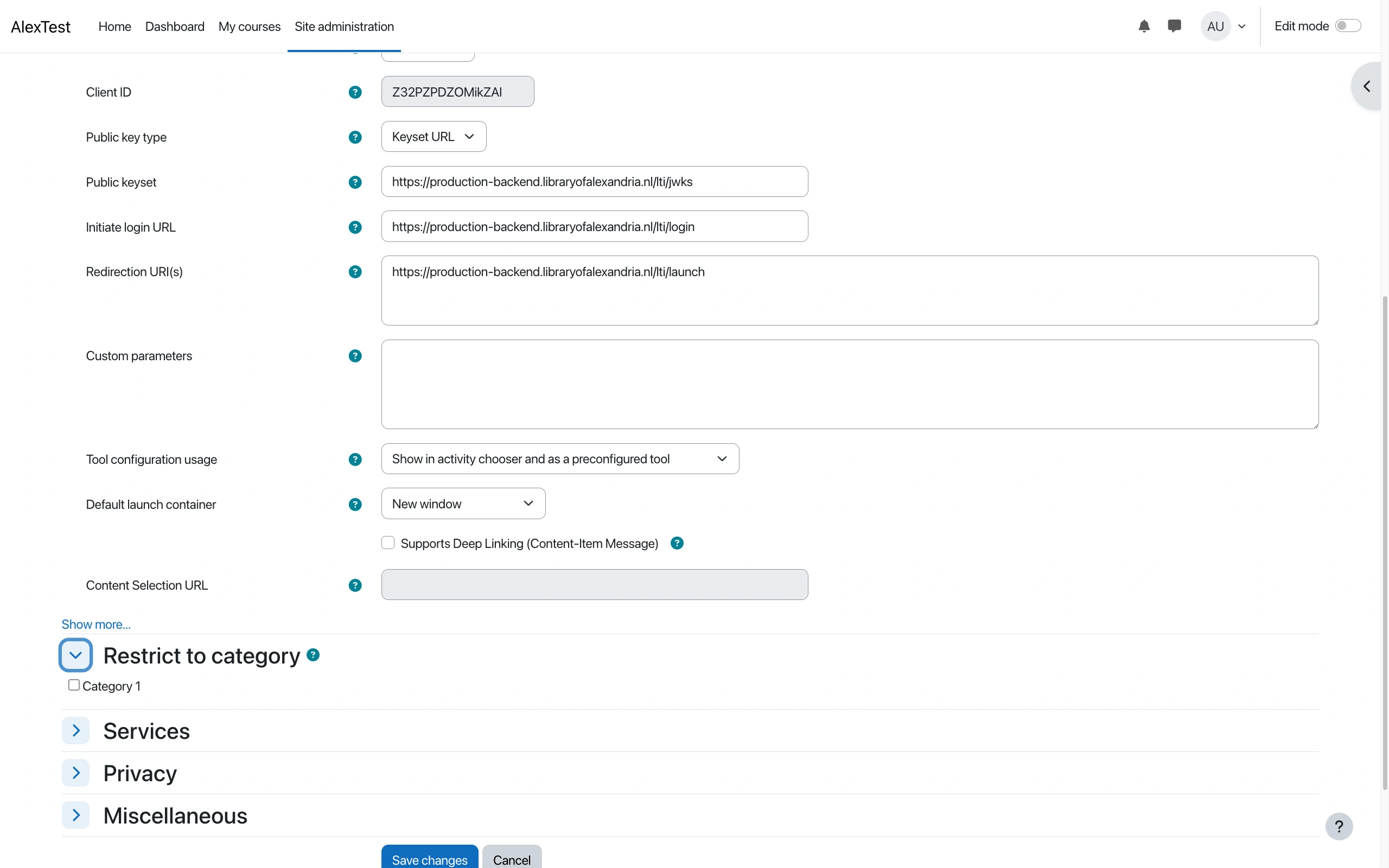 The External tool configuration page for Alexandria in Moodle, showing Tool configuration usage set to Show in activity chooser and as a preconfigured tool, Default launch container set to New window, and an expanded Restrict to category section with an unticked course category checkbox