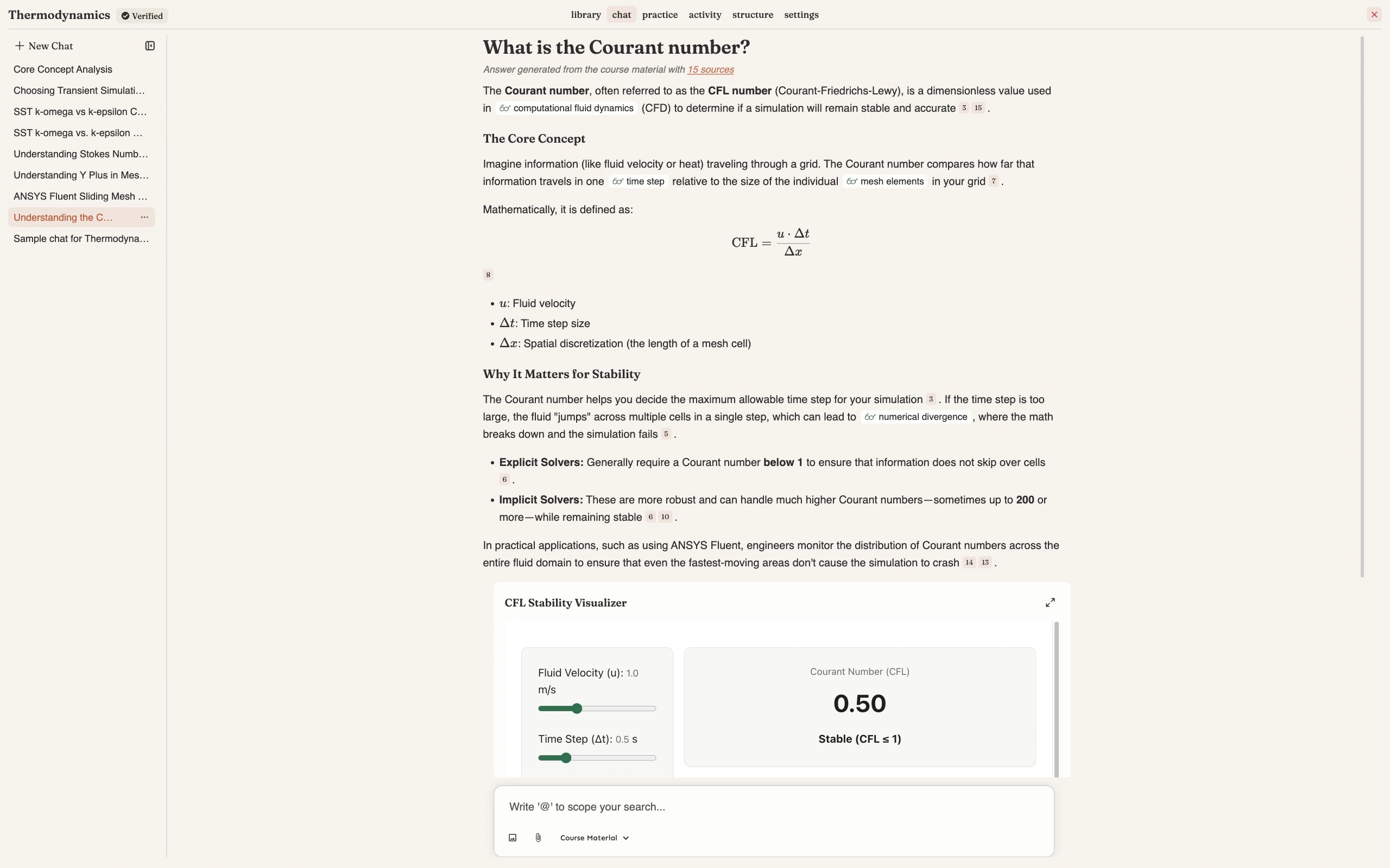 An answer to the question What is the Courant number, headed Answer generated from the course material with 15 sources, containing numbered citation markers throughout, the CFL equation rendered as mathematics, glossary terms such as time step and mesh elements marked inline, and an interactive CFL Stability Visualizer embedded at the end of the answer