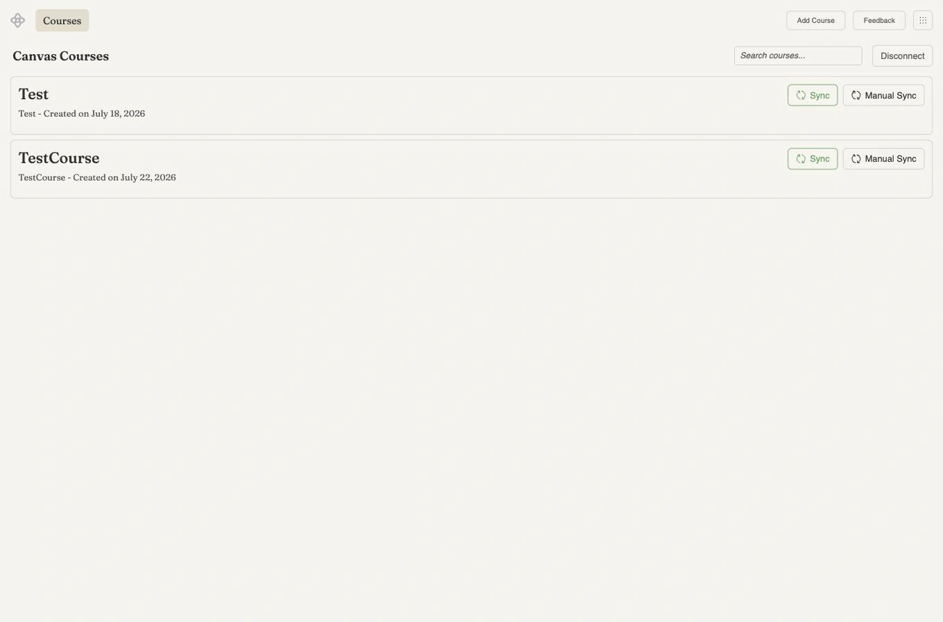 The setup page headed Canvas Courses, listing two courses with their creation dates, each with a Sync button and a Manual Sync button on the right, and a search box and Disconnect button in the header