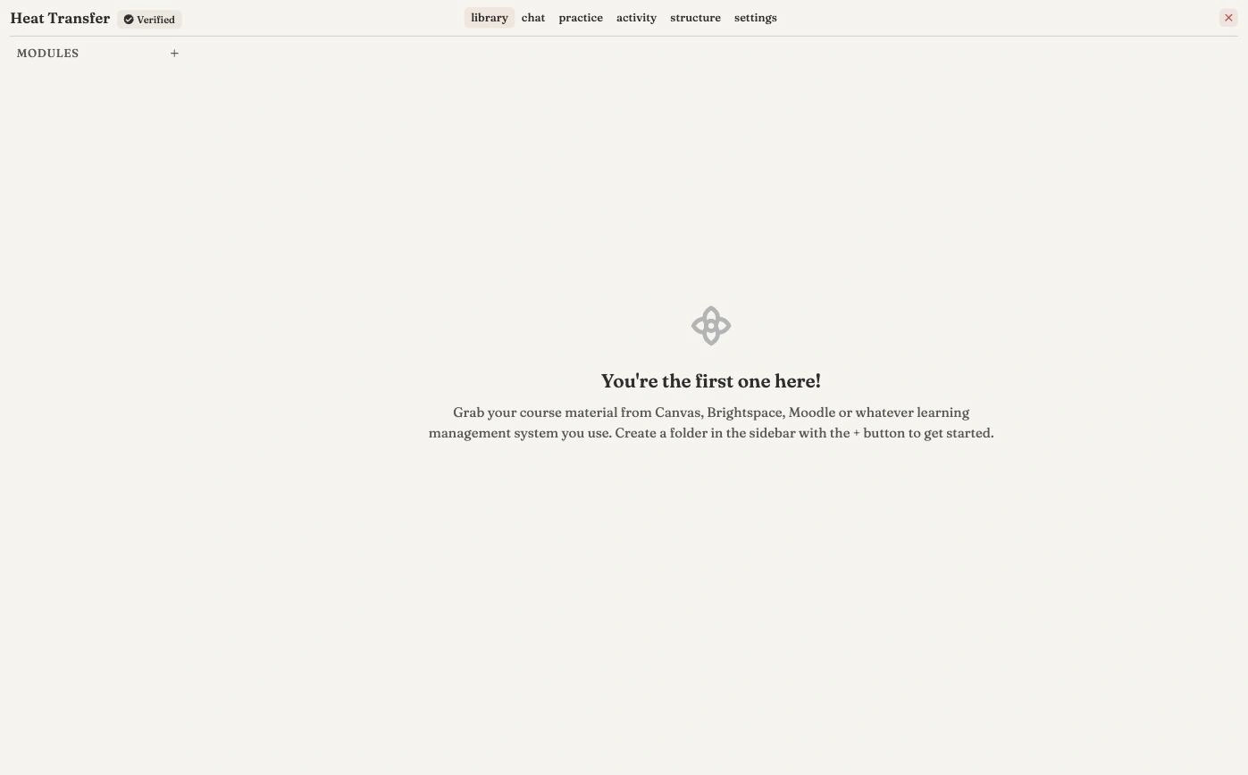 An empty course library reading You're the first one here, inviting you to grab course material from Canvas, Brightspace or Moodle and to create a folder with the plus button