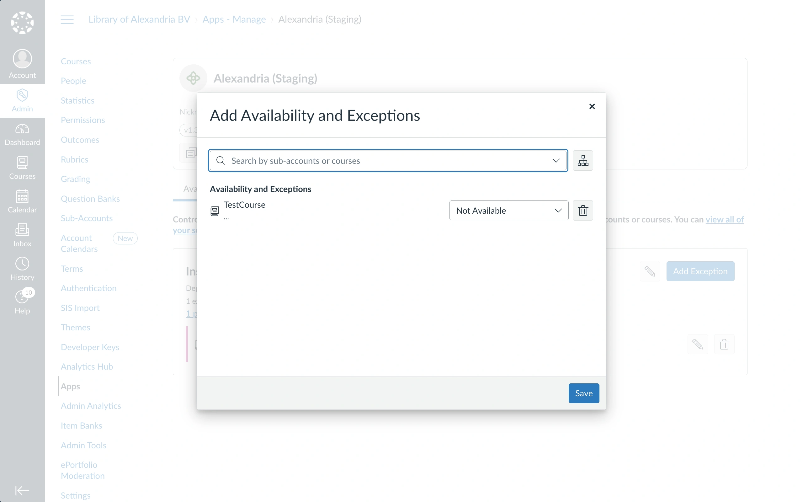 The Add Availability and Exceptions dialog in Canvas with a course added to the list and its availability dropdown showing Not Available, next to a delete button and above the Save button