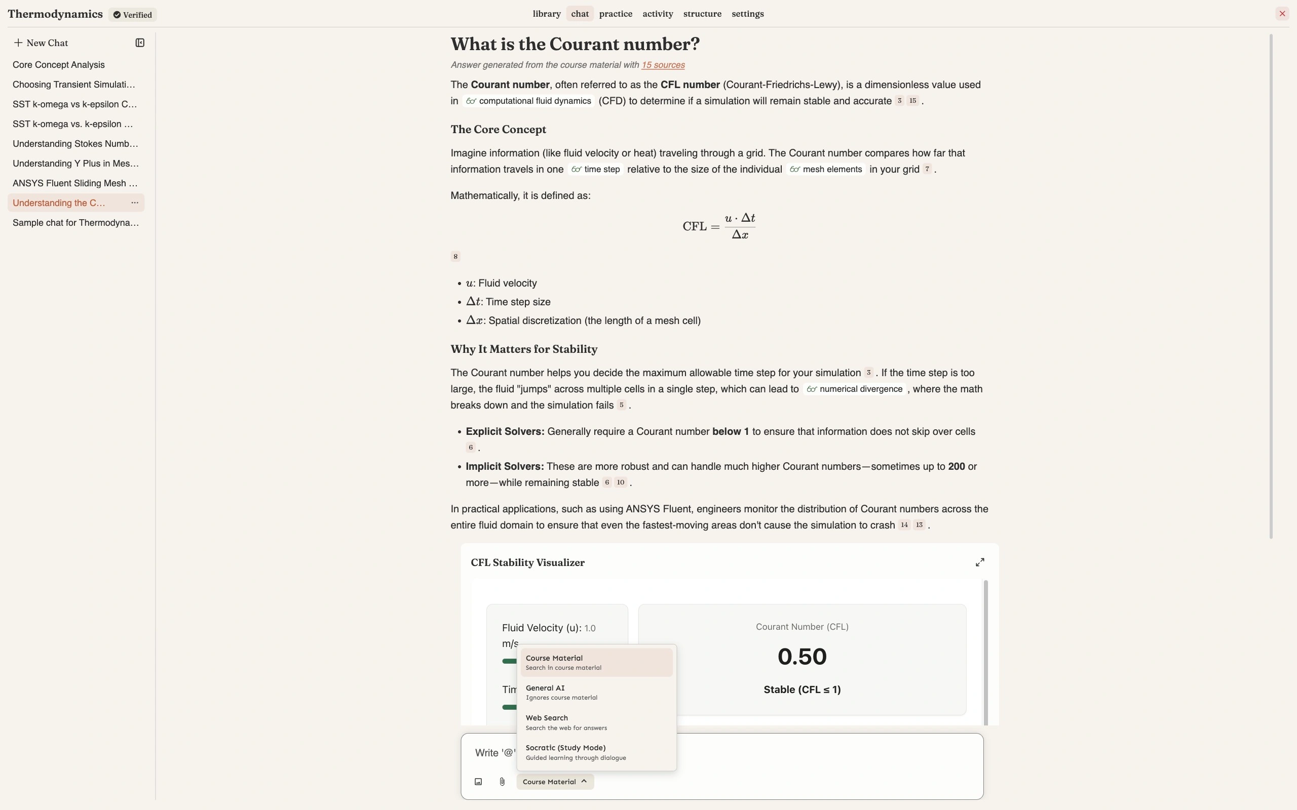 The answering-mode selector open above the course chat box, listing Course Material (search in course material) highlighted as the current choice, General AI (ignores course material), Web Search (search the web for answers) and Socratic Study Mode (guided learning through dialogue)