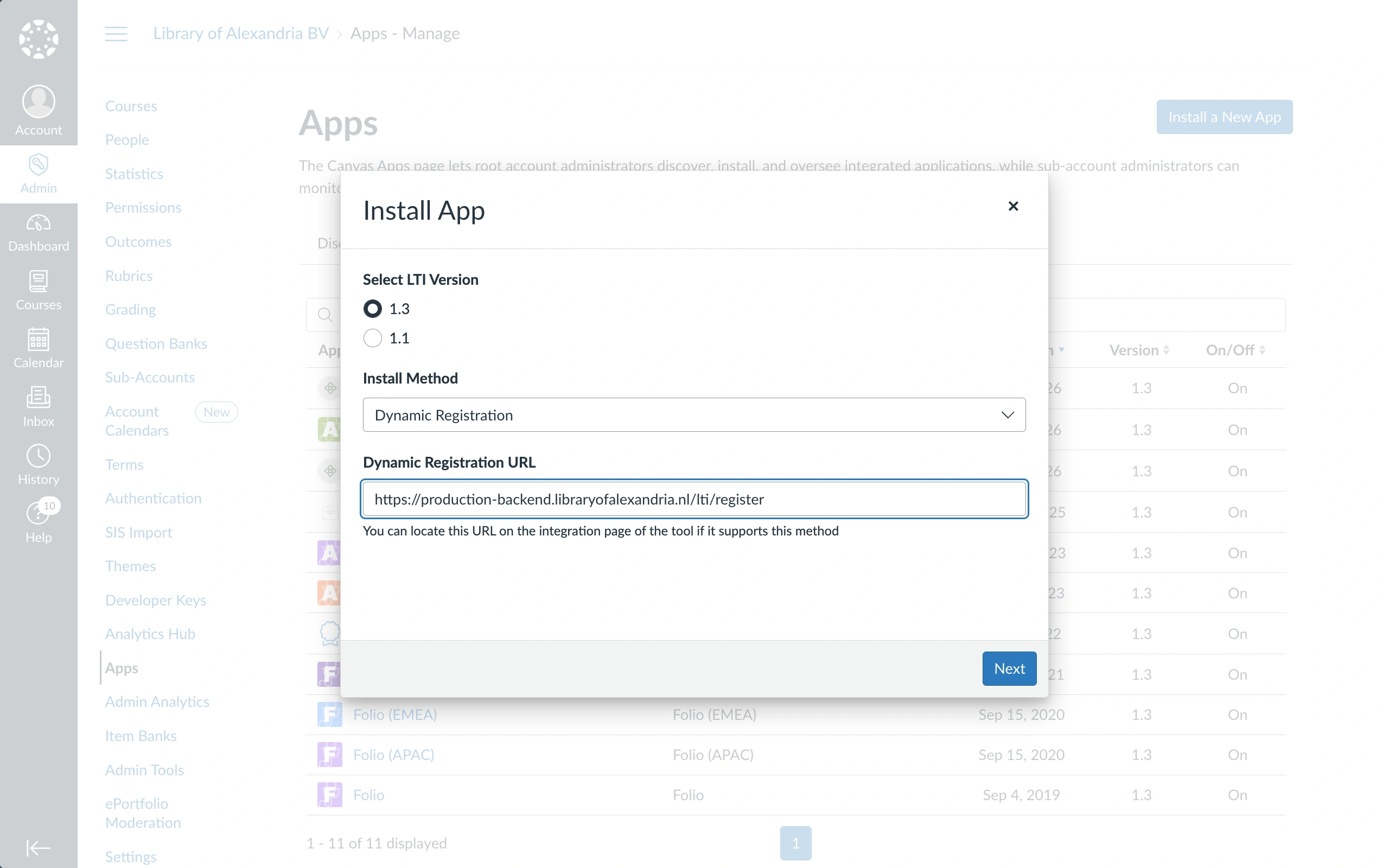 The Install App dialog in Canvas with LTI version 1.3 selected, Install Method set to Dynamic Registration, and the Alexandria registration URL pasted into the single Dynamic Registration URL field