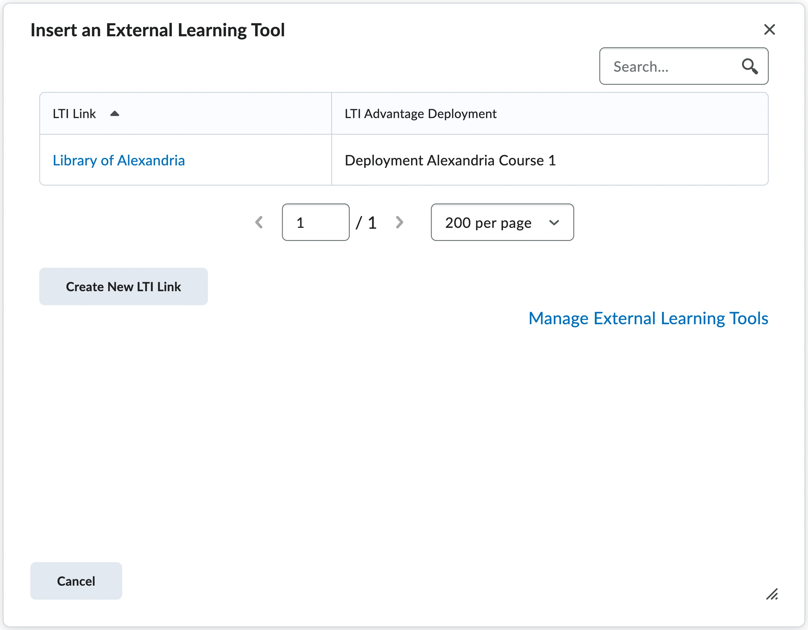 The Insert an External Learning Tool dialog in a Brightspace course, listing one row with the LTI Link named Library of Alexandria and its LTI Advantage Deployment, above buttons for Create New LTI Link and Manage External Learning Tools