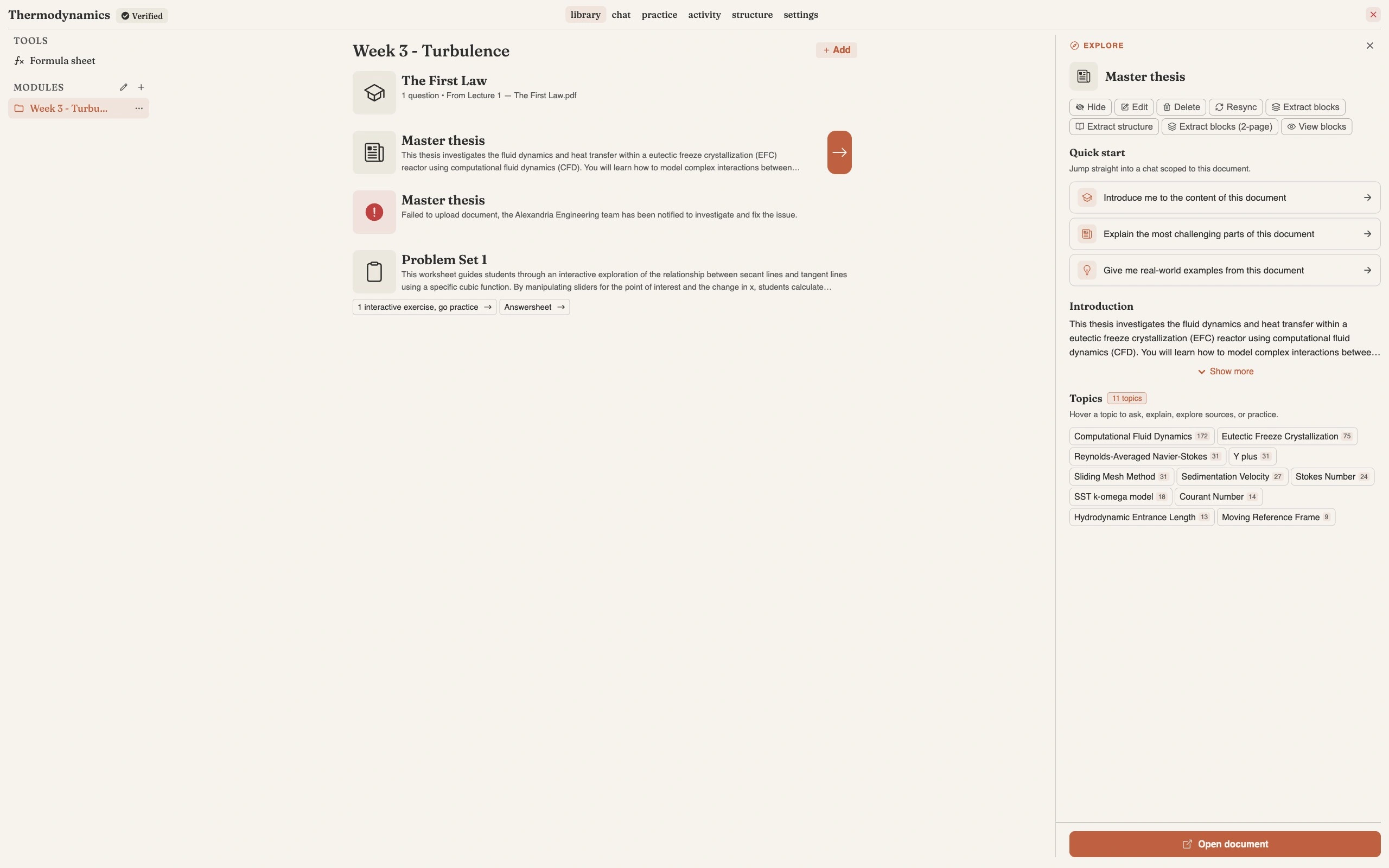 A course library folder named Week 3 - Turbulence with four items listed, and the Explore side panel open on the right for a document called Master thesis, showing an action row of Hide, Edit, Delete, Resync, Extract blocks, Extract structure, Extract blocks (2-page) and View blocks above a Quick start section, an AI-written Introduction, and a Topics list of eleven topics led by Computational Fluid Dynamics with 172 sources