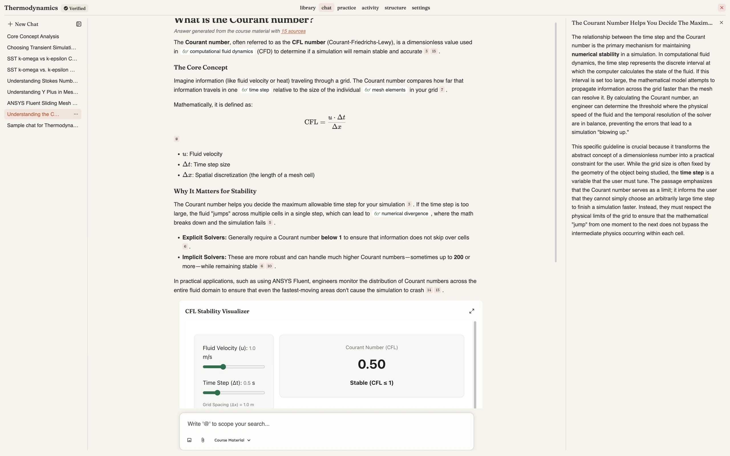 A course chat answer about the Courant number with a deepdive panel open down the right-hand side, headed with the selected sentence and explaining at length why the maximum allowable time step matters, while the original conversation stays readable on the left