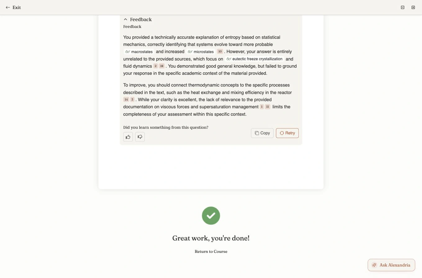 The end of a practice session: the last question's Feedback panel with thumbs up and thumbs down, Copy and Retry controls, and below the page a green checkmark with the message 'Great work, you're done!' and a Return to Course link