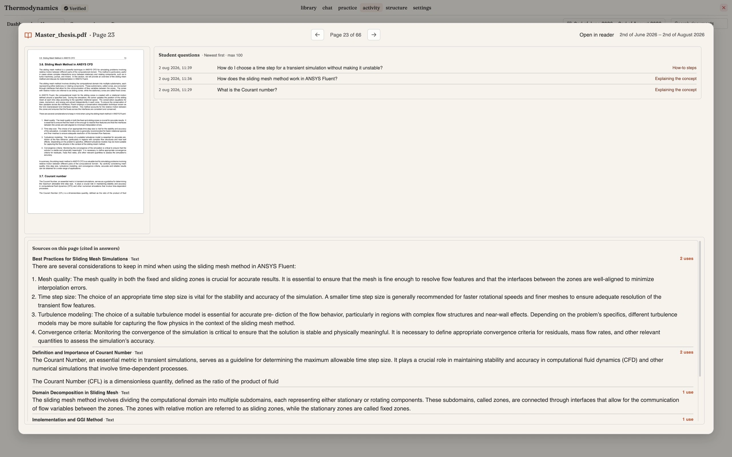 Page 23 of 66 of Master_thesis.pdf shown as a thumbnail, with paging arrows and an Open in reader link at the top, beside a Student questions list of three timestamped questions — how to choose a time step for a transient simulation, how the sliding mesh method works in ANSYS Fluent, and what the Courant number is — each tagged How-to steps or Explaining the concept, above a Sources on this page (cited in answers) panel listing the cited passages with their use counts