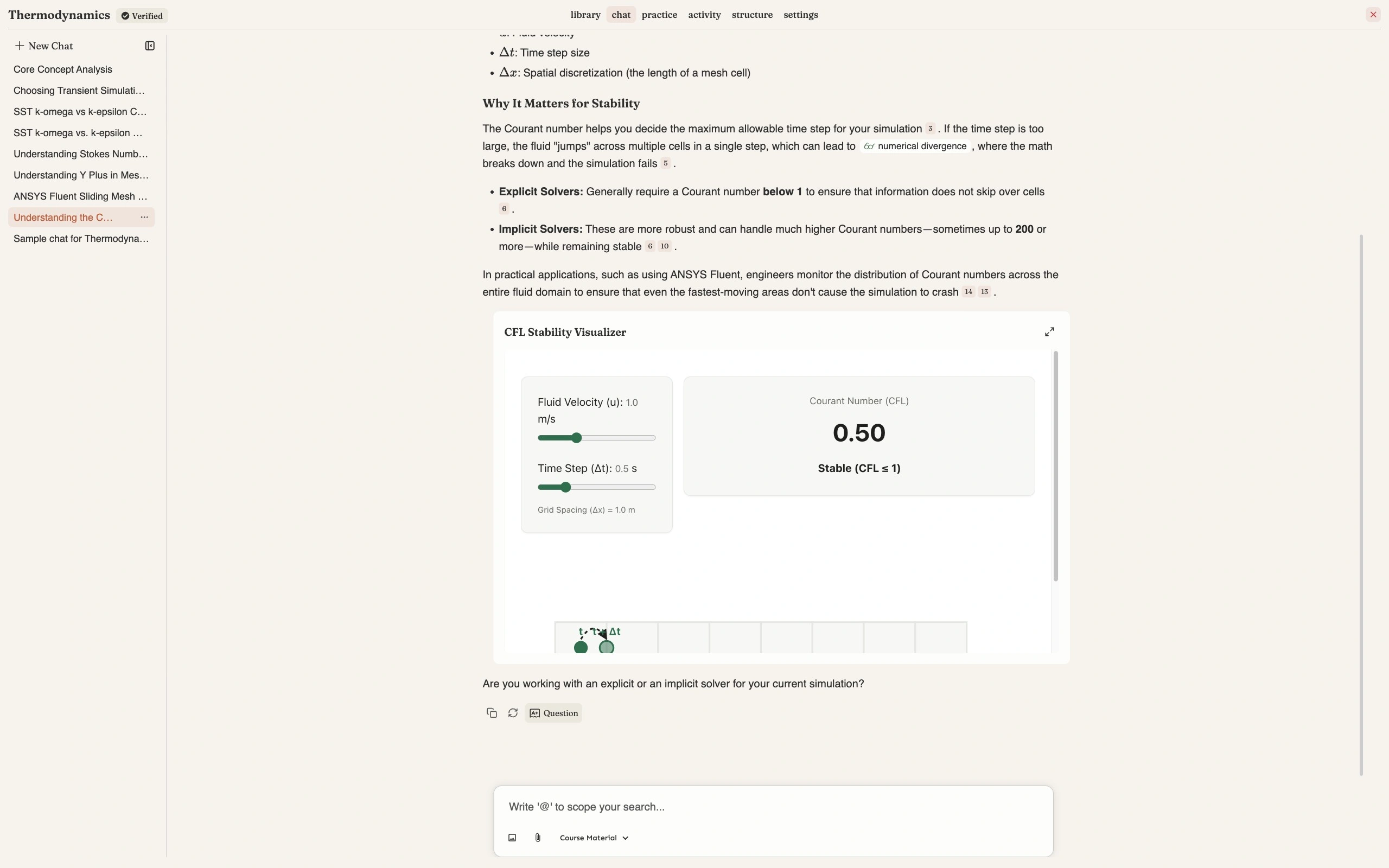 The end of a course chat answer about the Courant number, with an interactive CFL Stability Visualizer above and a row of three controls beneath the closing sentence: a copy icon, a regenerate icon, and a button labelled Question which is highlighted under the pointer