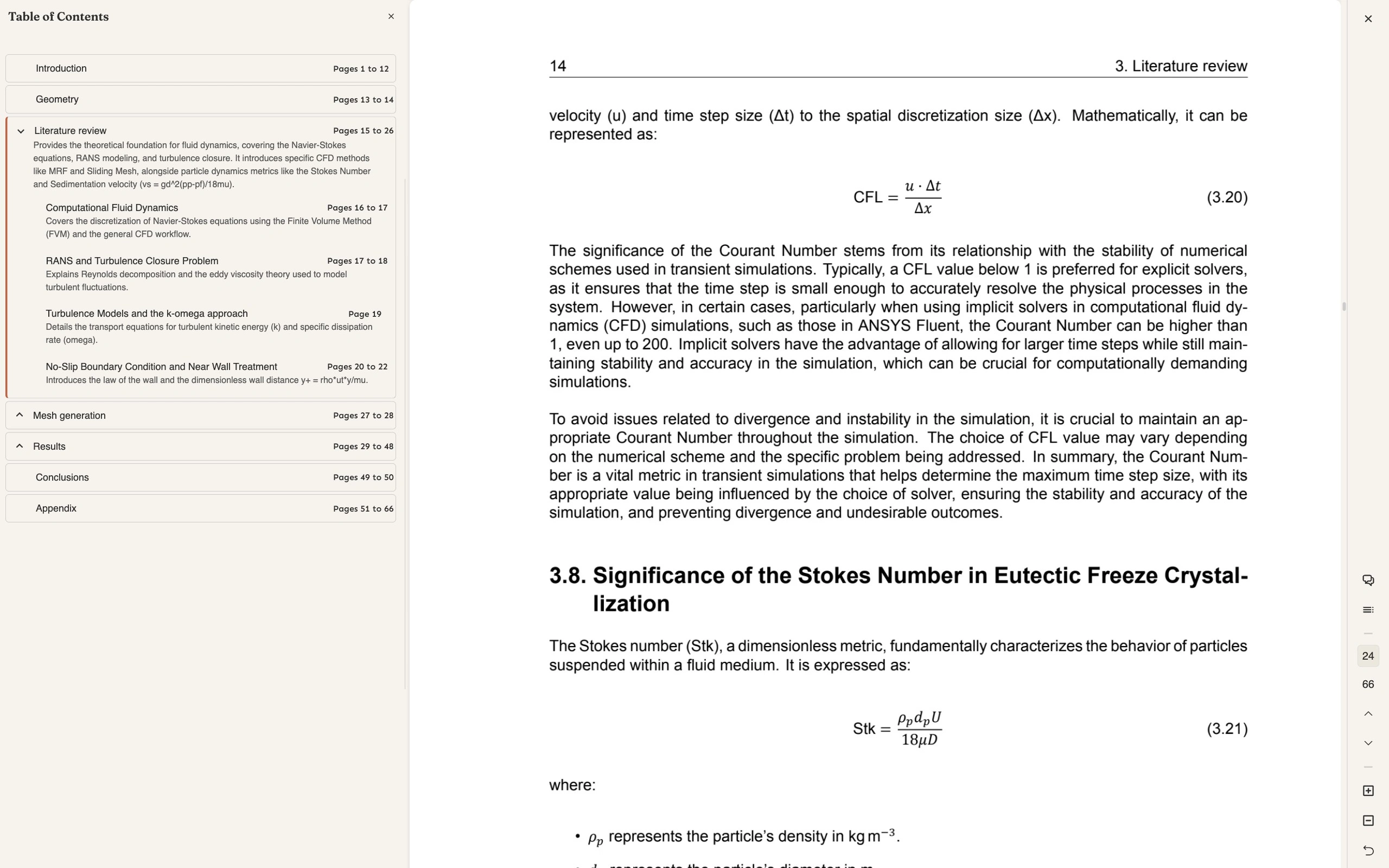 The Alexandria reader with the Table of Contents panel open on the left, listing Introduction pages 1 to 12, Geometry pages 13 to 14, Literature review pages 15 to 26 expanded to show its sub-sections Computational Fluid Dynamics, RANS and Turbulence Closure Problem, Turbulence Models and the k-omega approach and No-Slip Boundary Condition and Near Wall Treatment, each with its own page range and a one-line summary, while page 24 of the thesis stays readable on the right