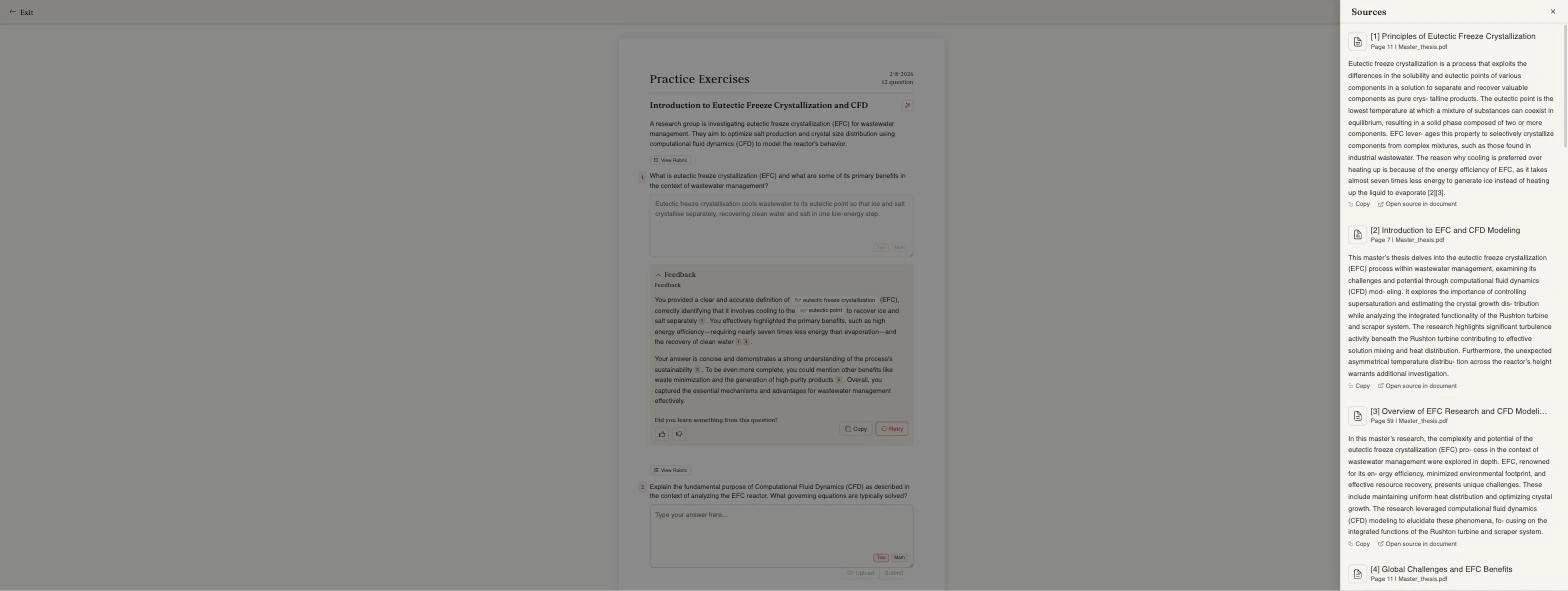 A practice question on eutectic freeze crystallization with its Feedback panel on the left and a Sources panel open down the right-hand side, listing four numbered sources from Master_thesis.pdf with their page numbers, each followed by the passage text and Copy and Open source in document controls