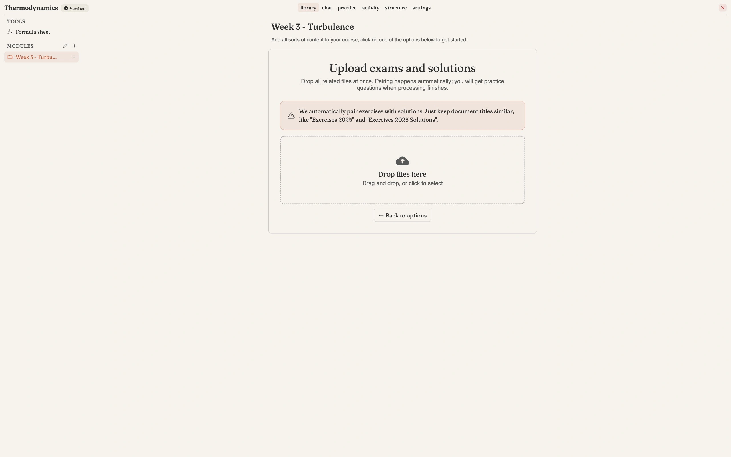 The Upload exams and solutions panel with a warning that exercises are paired with solutions automatically when document titles are similar, above a Drop files here area