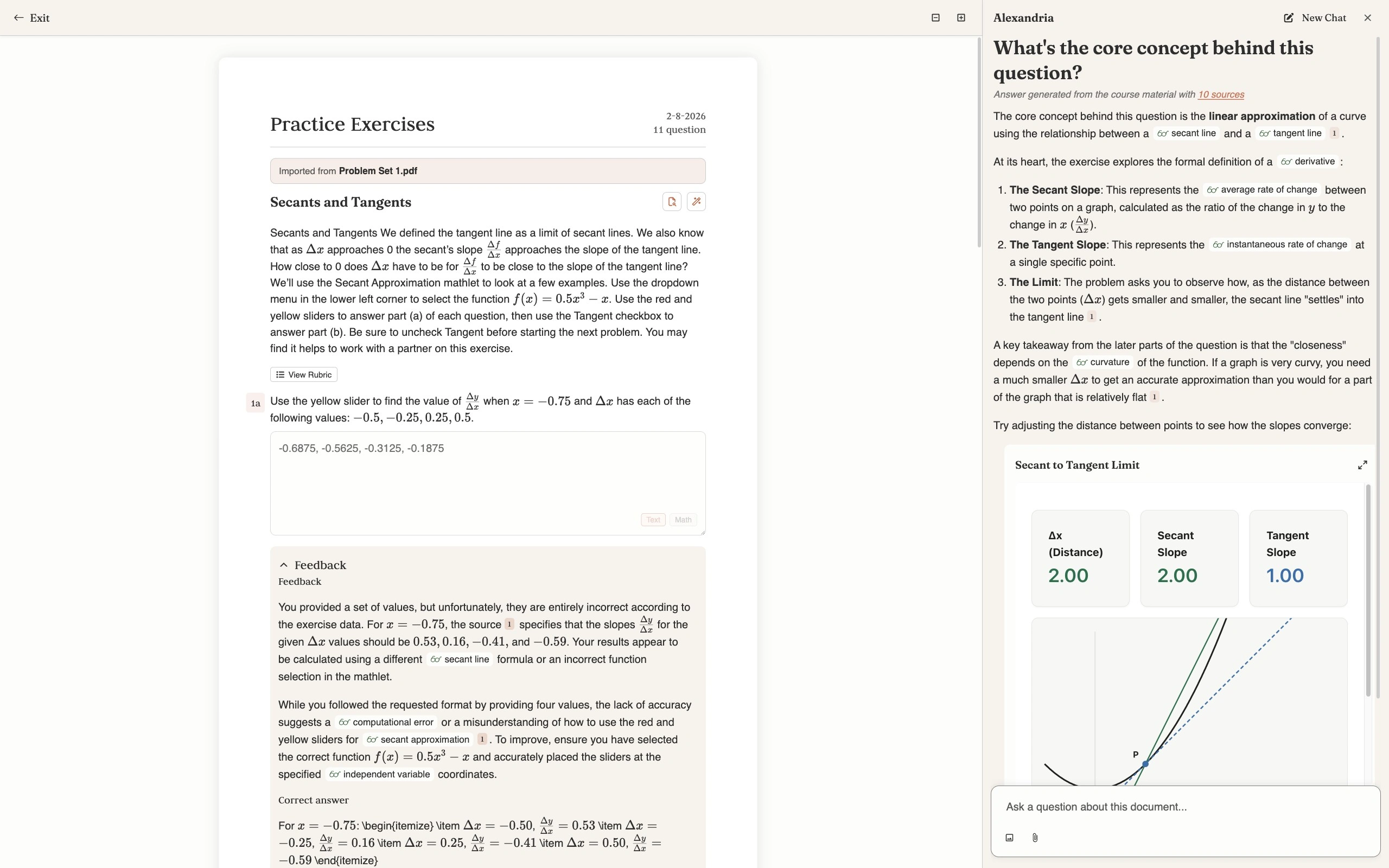 The practice runner with an Ask Alexandria panel open on the right, headed 'What's the core concept behind this question?', its answer generated from the course material with 10 sources and inline citation chips explaining secant slope, tangent slope and the limit, and an embedded interactive Secant to Tangent Limit visualisation reading delta x 2.00, secant slope 2.00 and tangent slope 1.00 above a plotted curve with its secant and tangent lines