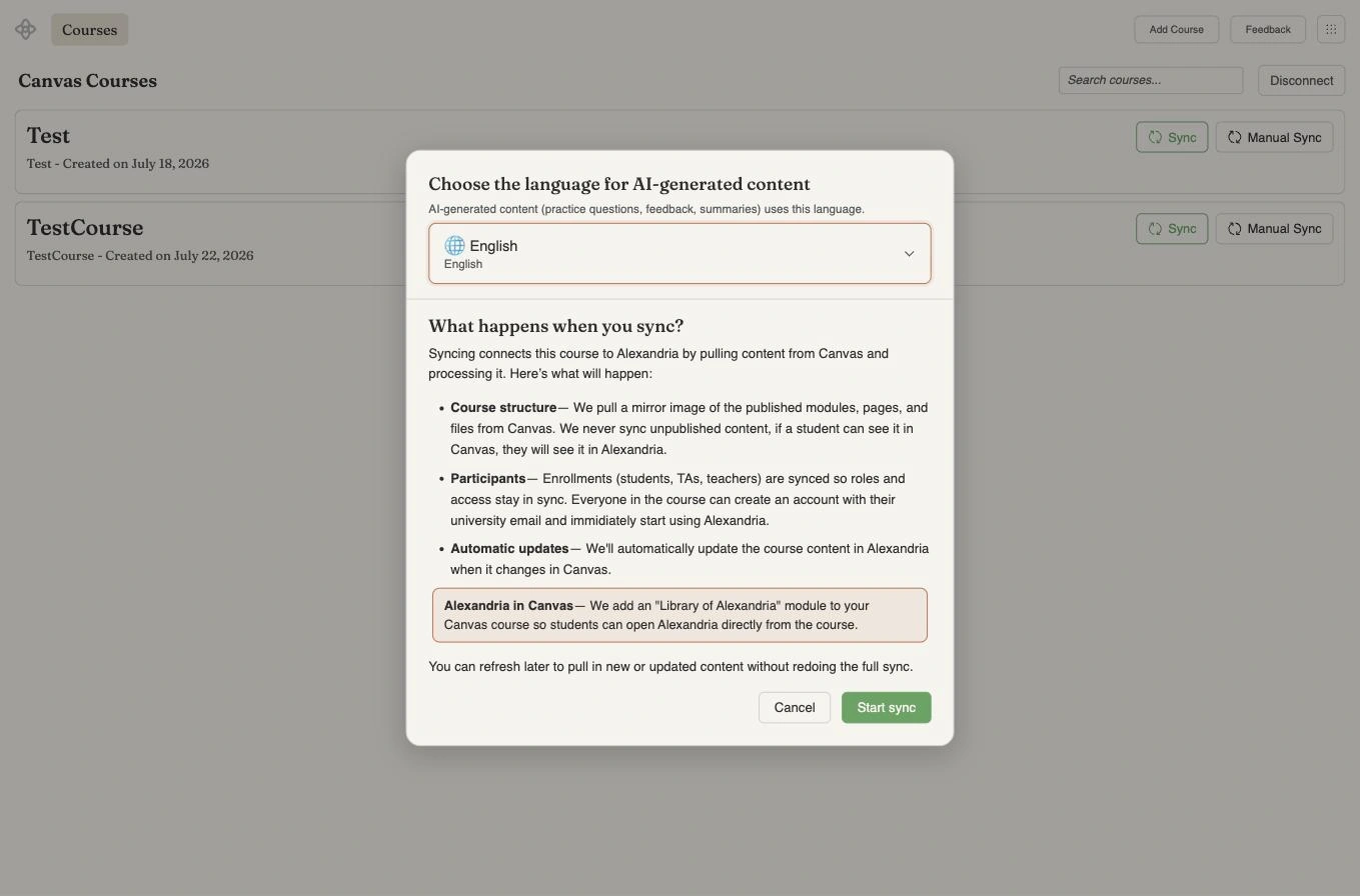 A confirmation dialog headed Choose the language for AI-generated content with English selected, followed by What happens when you sync, explaining that course structure, participants and automatic updates are synced, with Cancel and Start sync buttons
