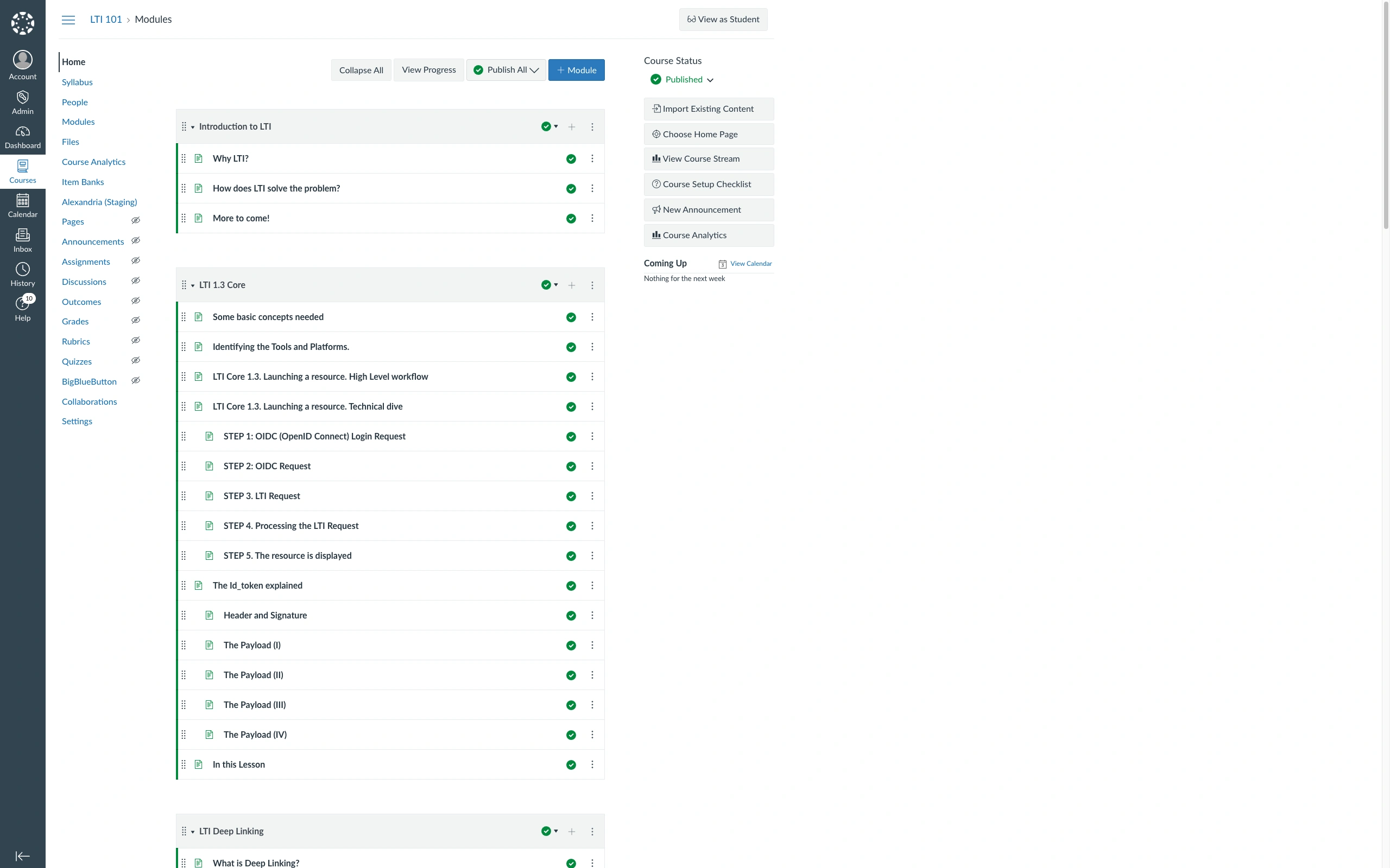 A Canvas course called LTI 101, showing its Introduction to LTI and LTI 1.3 Core modules, with an Alexandria (Staging) entry in the course navigation menu on the left, between Item Banks and Pages