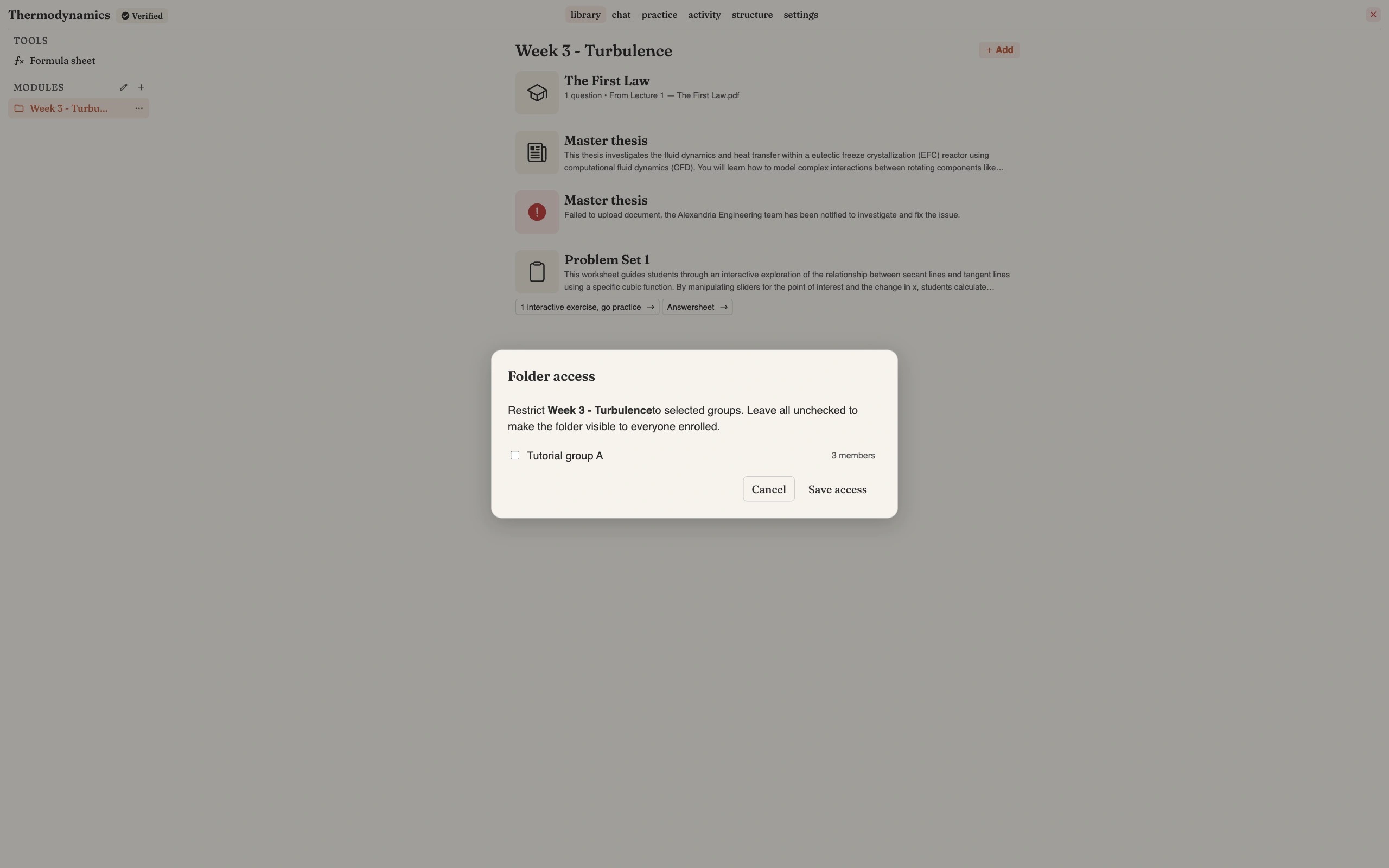 The Folder access modal for a module named Week 3 - Turbulence, offering a single checkbox for a group called Tutorial group A with a member count beside it, above Cancel and Save access buttons