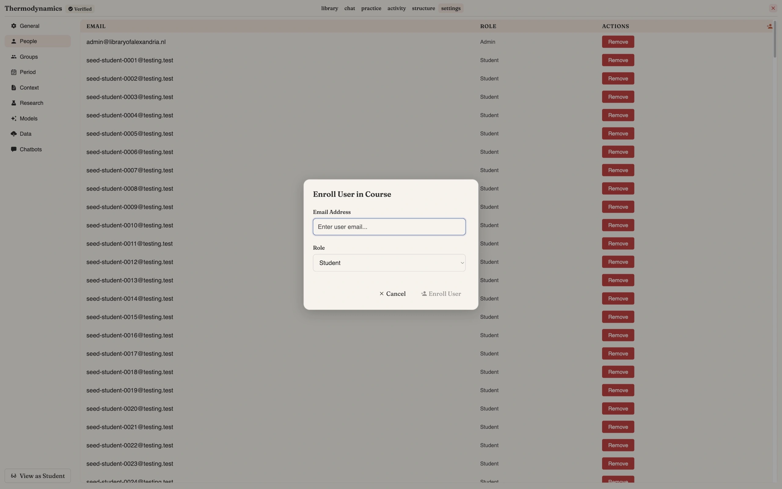 The Enroll User in Course dialog with an Email Address field and a Role dropdown set to Student, above Cancel and Enroll User buttons, over a table of enrolled users showing email, role and a Remove button
