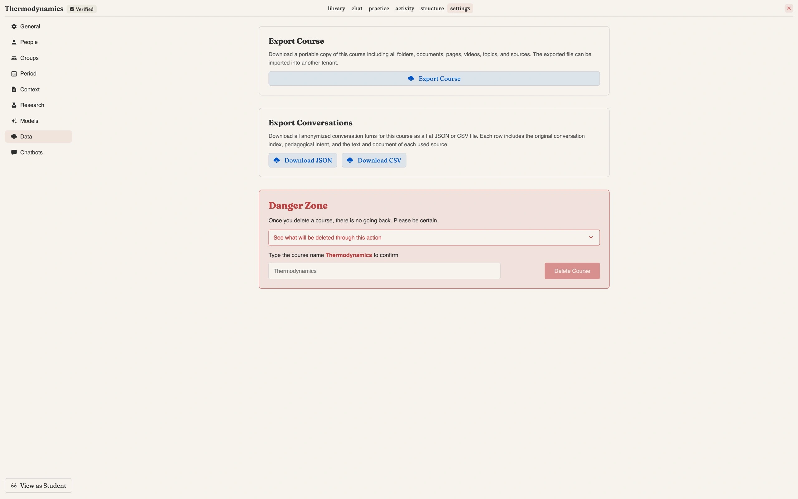The Data tab showing an Export Course section, an Export Conversations section offering Download JSON and Download CSV, and a red Danger Zone requiring the course name to be typed before Delete Course becomes available