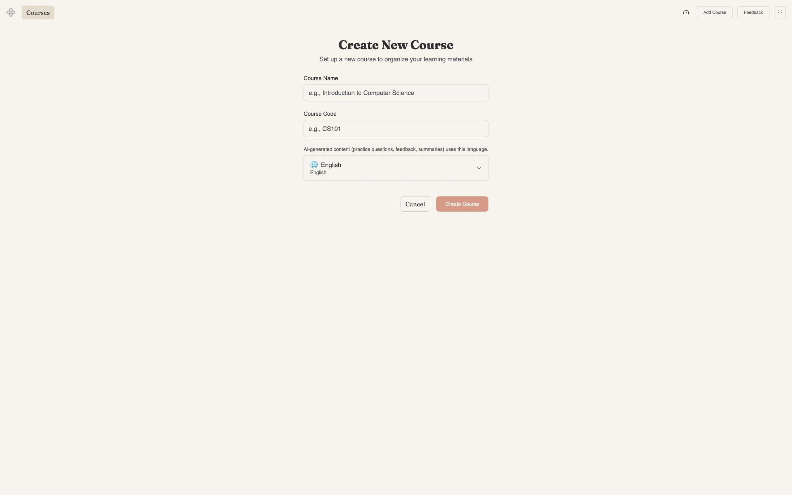 The Create New Course form with fields for Course Name and Course Code, a language selector set to English for AI-generated content, and Cancel and Create Course buttons