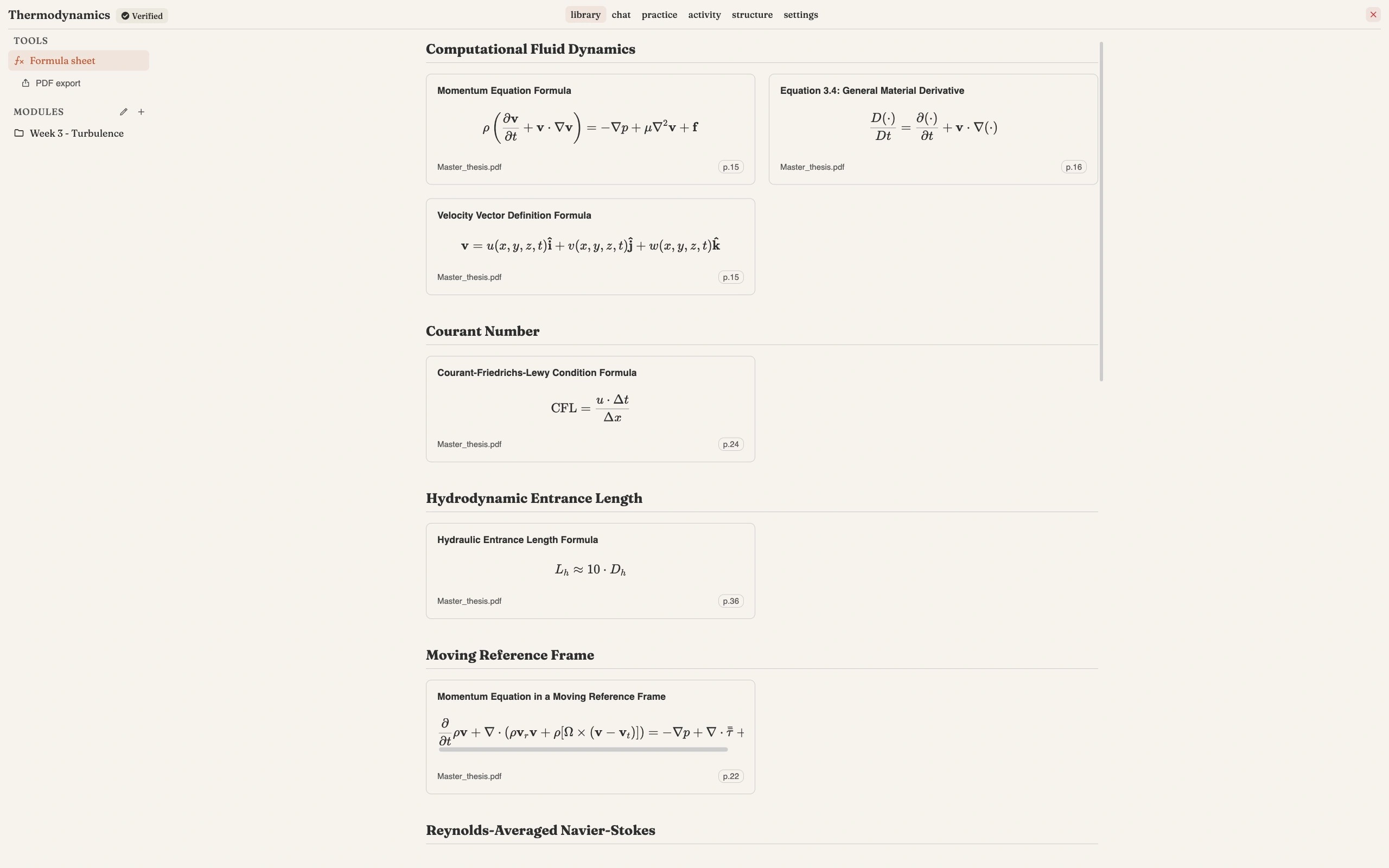 The formula sheet for a course, with a PDF export link in the sidebar and formulas grouped under topic headings — Computational Fluid Dynamics, Courant Number, Hydrodynamic Entrance Length, Moving Reference Frame and Reynolds-Averaged Navier-Stokes — each formula rendered in its own card naming its source document Master_thesis.pdf and the page it came from, such as the Courant-Friedrichs-Lewy condition on p.24