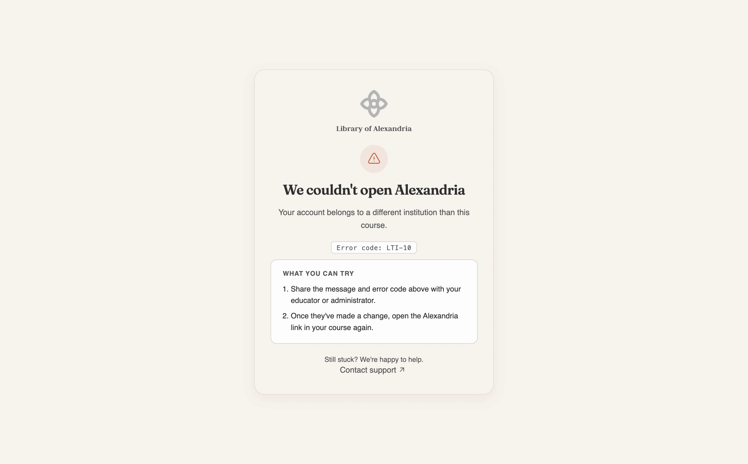 The Alexandria error page reading Your account belongs to a different institution than this course, with the reference code LTI-10 shown beneath it